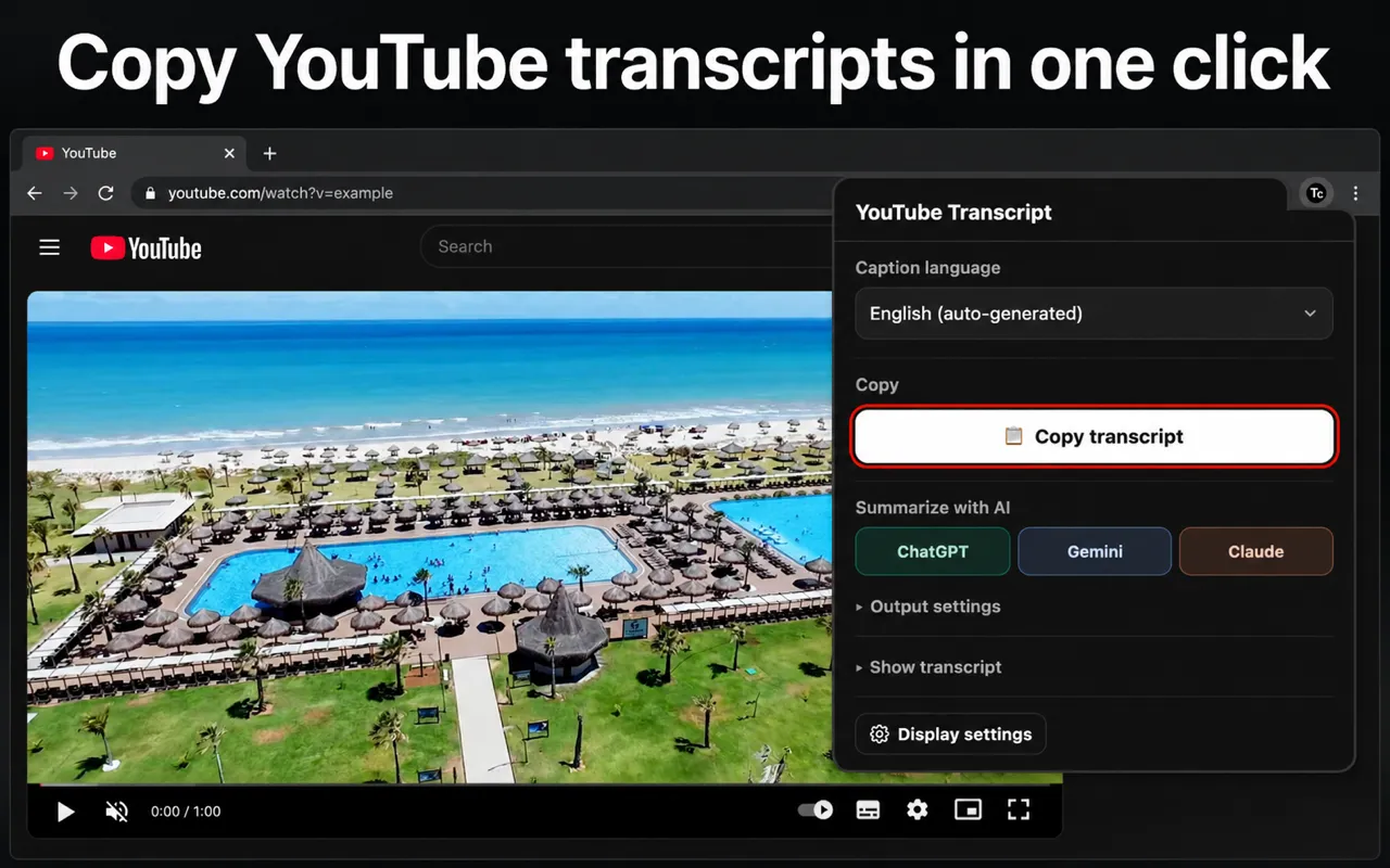 The extension panel open on a YouTube video page, showing the copy controls